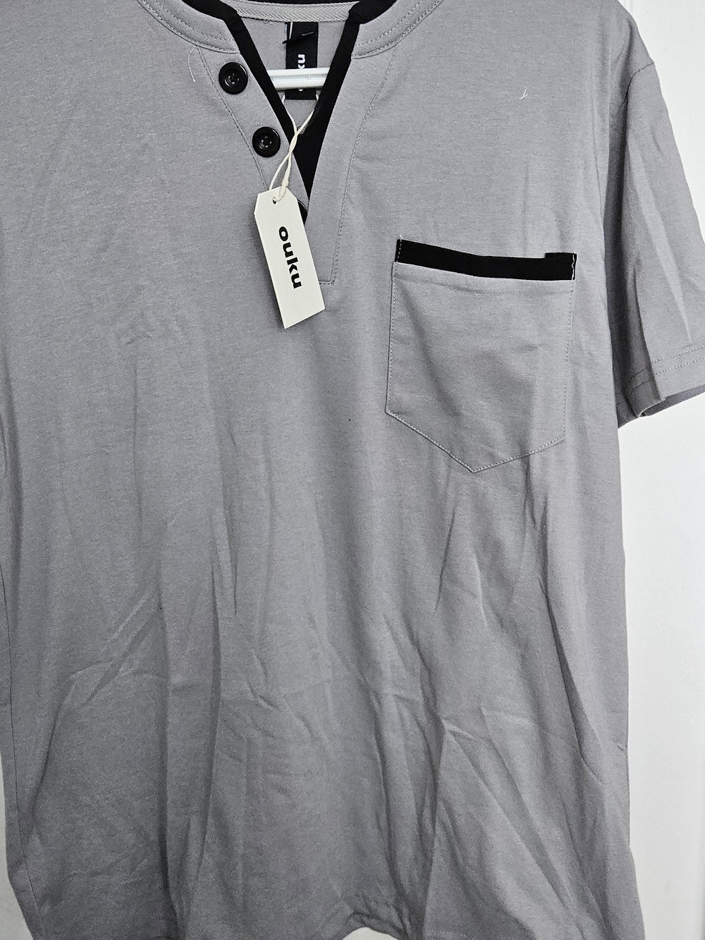 Men's Short Sleeve Henley Pocket Tee - Gray with Black Trim